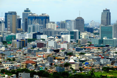 High angle view of buildings in city