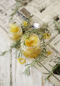 High angle view of drink in glass jar on table