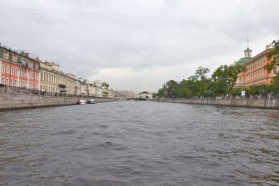 View of buildings by river against cloudy sky