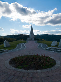 Temple by building against sky