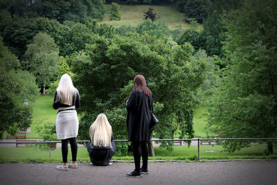 Rear view of people walking on trees