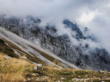 Scenic view of snowcapped mountains against sky