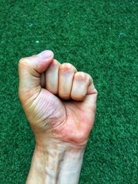 Cropped hand clenching fist above grass