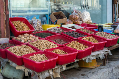 Various vegetables for sale at market stall