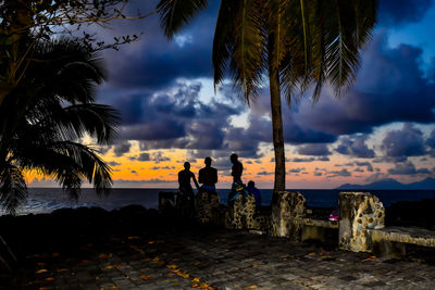 Silhouette palm trees on beach against sky during sunset