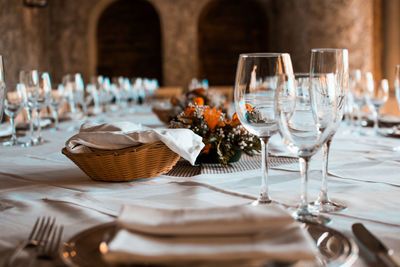 Close-up of wineglasses on table