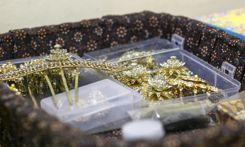 Close-up of jewelry on table
