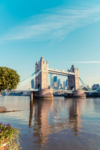 Bridge over river with city in background