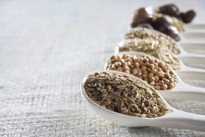 Close-up of spices in spoons on table