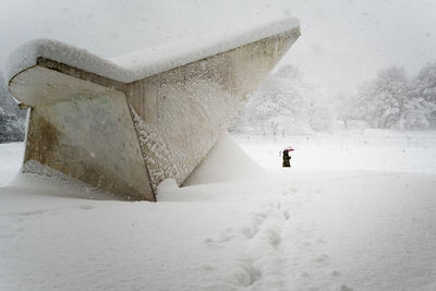 Person walking on snow covered landscape