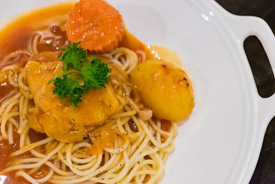 High angle view of meal served in bowl