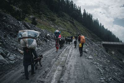 Rear view of people walking on snow covered landscape