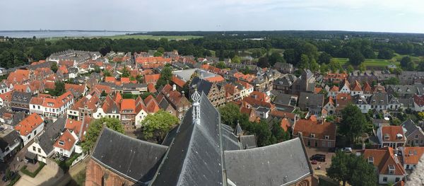 High angle view of town against sky