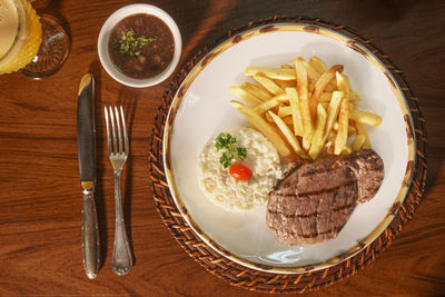 High angle view of food in plate on table