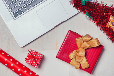High angle view of christmas decorations on table