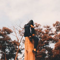 Low angle view of man on tree against sky