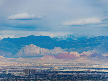 Aerial view of snowcapped mountains against sky