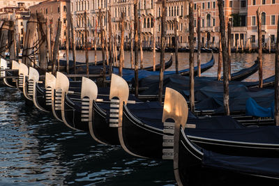 Telezoom photo of gondolas close together at sunrise.