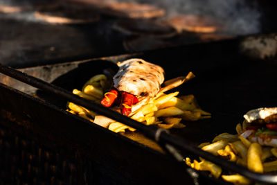 Close-up of meat on barbecue grill