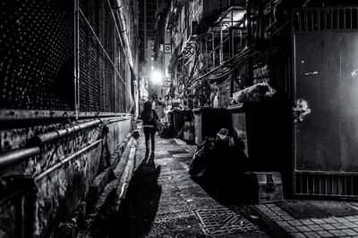 Rear view of people on street amidst buildings at night