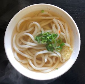 High angle view of soup in bowl on table