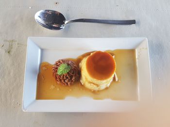 High angle view of dessert in plate on table