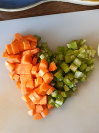 High angle view of chopped vegetables in bowl