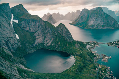 Scenic view of lake and mountains against sky, lofoten, norway