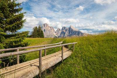 Wooden footbridge at seiser alm hiking trail with sassolungo mountain group against sky