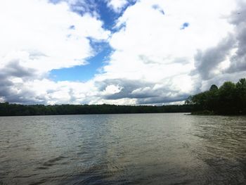 Scenic view of lake against cloudy sky