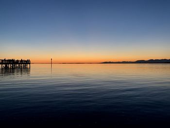 Scenic view of sea against clear sky during sunset 