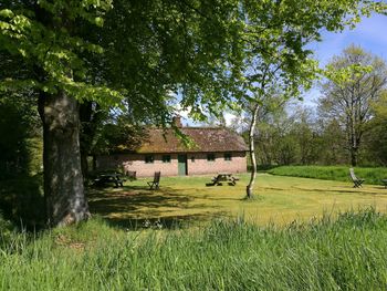 Built structure on field against trees