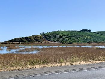 Scenic view of land against clear blue sky