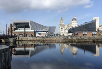 Harbor by modern buildings and church against sky