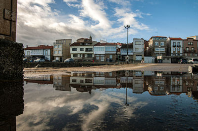 Reflection of buildings in puddle