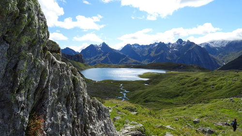 Scenic view of lake by mountains sky