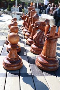 Close-up of chess pieces on table