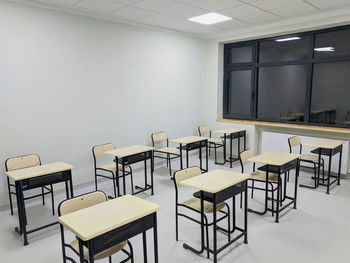 Empty chairs and table in classroom