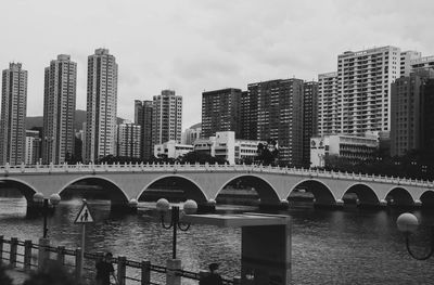 Bridge over river by buildings against sky in city