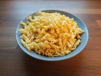 High angle view of pasta in bowl on table