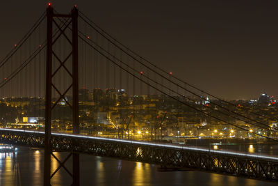 Illuminated bridge over river against sky at night