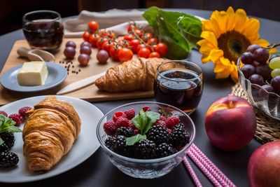 High angle view of various food on table