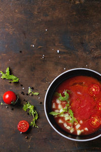 High angle view of soup in bowl on table