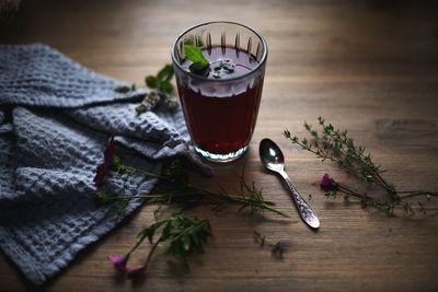 High angle view of drink on table