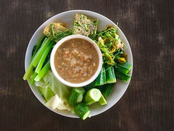 High angle view of soup in bowl on table