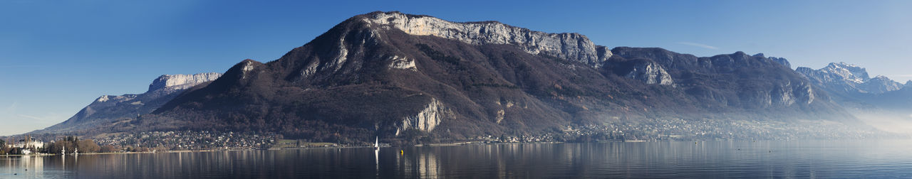 Panoramic view of lake with mountain range in the background