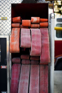 Close-up of water pipes in fire engine