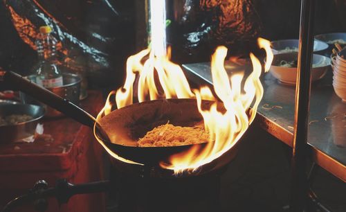 Close-up of burning stoveon barbecue grill, street food in thailand 