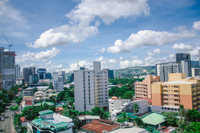 High angle view of buildings against sky