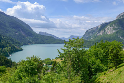 Scenic view of lake and mountains against sky